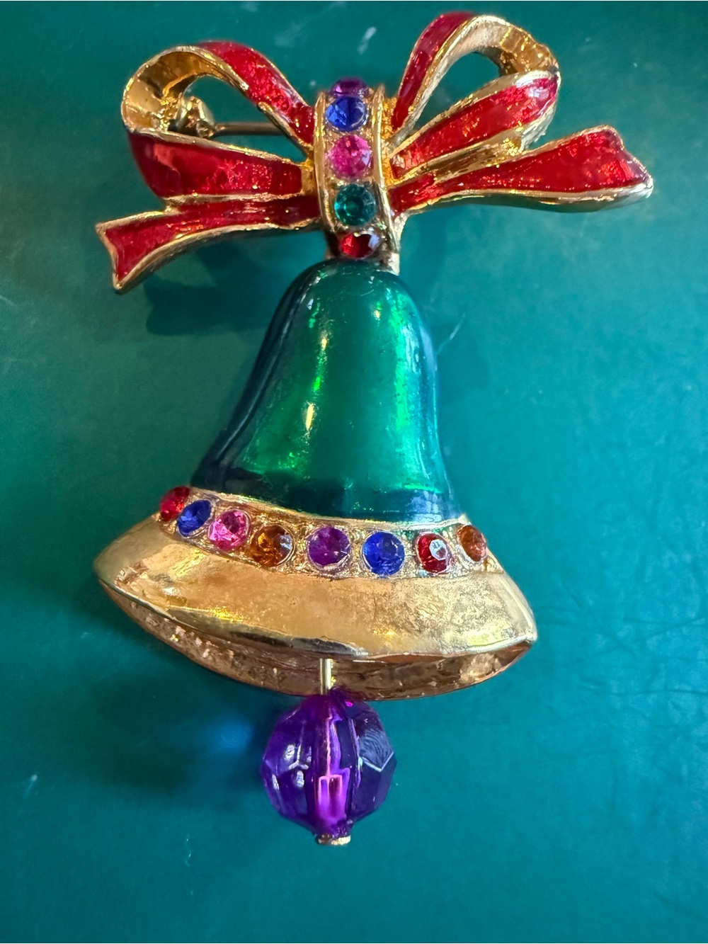 Vintage Christmas Bell Brooch Pin - Green Enamel & Red Ribbon Bow with Crystal